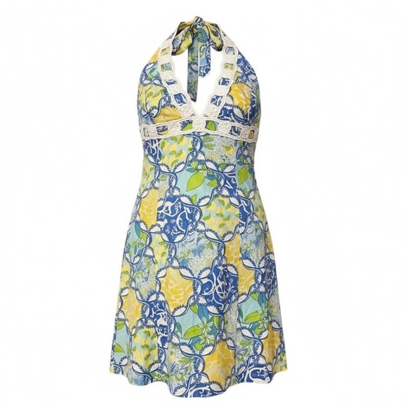 LILLY PULITZER 4 S Blue Yellow Floral Halter Macrame Detail Dress R $198 - Picture 11 of 11